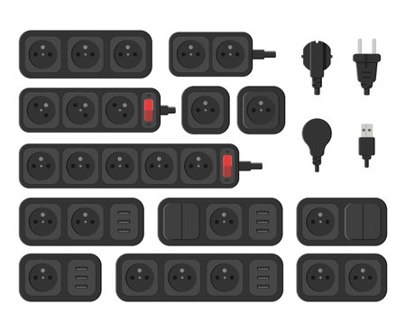 power outlet plug extension strip switch french type e set vector flat illustrationのイラスト素材