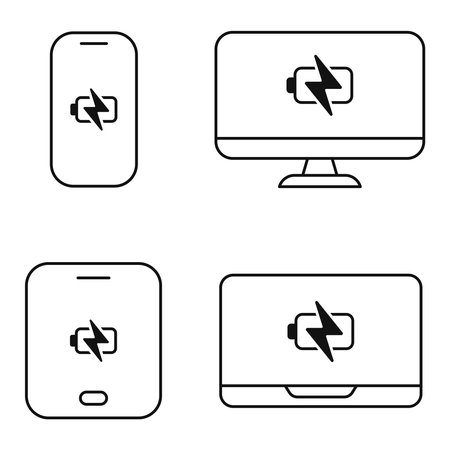 power charging electricity icon on pc laptop smartphone tablet line icon set vector flat illustrationのイラスト素材