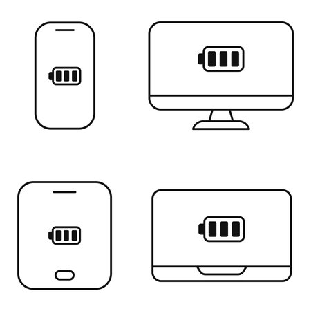 battery power icon on pc laptop smartphone tablet line icon set vector flat illustrationのイラスト素材