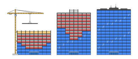 glass modern office building skyscraper crane construction stages set cartoon style vector flat illustrationのイラスト素材