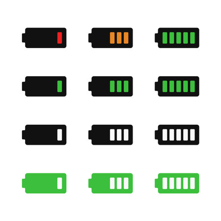 battery capacity charging coloured icons set collection vector flat illustration