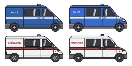 emergency ambulance police van car side view vector flat illustrationのイラスト素材