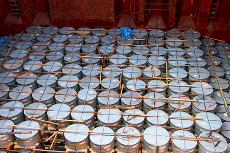 Stowage steel coil full in the hold of vesselの写真素材