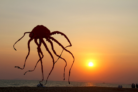 Fly a fantasy kite on sky in sunset time.の写真素材