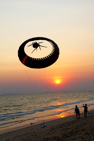 Fantasy kite soar on beach at sunset time.の写真素材