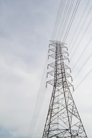 high voltage tower on blue skyの写真素材
