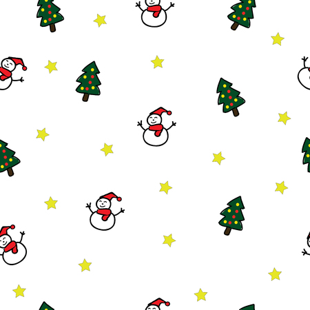Snowman, Santa christmas tree, gift and reindeer show as pattern backgroundの写真素材
