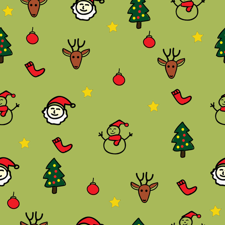 Snowman, Santa christmas tree, gift and reindeer show as pattern backgroundの写真素材