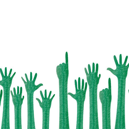 Many green hands with copy space like  earth day concept on white backgroundの写真素材