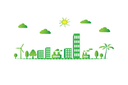 Green building with solar cell, windmill and clean energy on white background as earth day concept