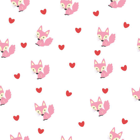Pink fox with red heart on white background as gift wrap patternの写真素材