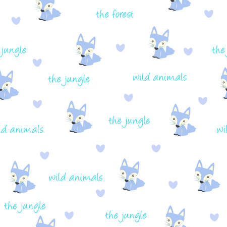 Cute blue fox with heart on white  background as seamless pattern for packet wrapの写真素材