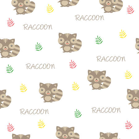 Gray little raccoon with autumn color leaves as seamless pattern for gift wrapの写真素材