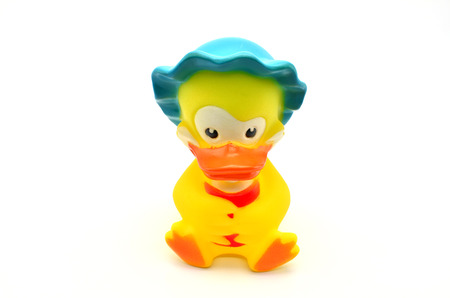 Toy rubber duck on white backgroundの写真素材
