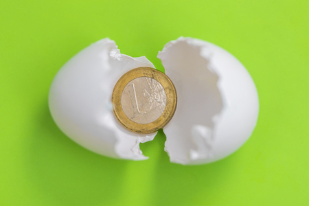 1 euro coin in the eggshell on a green background の写真素材
