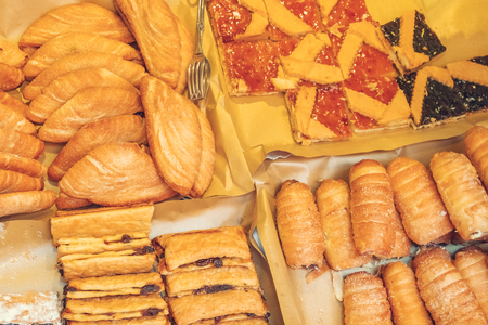 Fresh appetizing sweet pastries, backgroundの写真素材