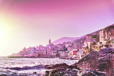 Bogliasco coastline at sunset. Liguria, Genova region, Italian Rivieraの写真素材