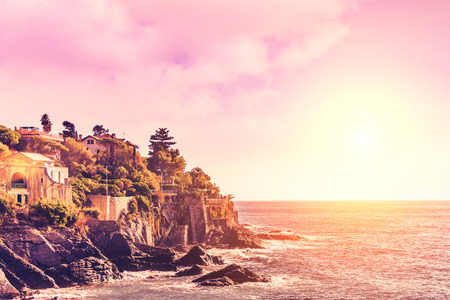 Scenic view of the Bogliasco at sunset, Ligurian Riviera, Italyの写真素材