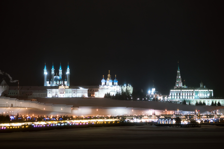 Beautiful view of the city with temples in the winter at nightの写真素材
