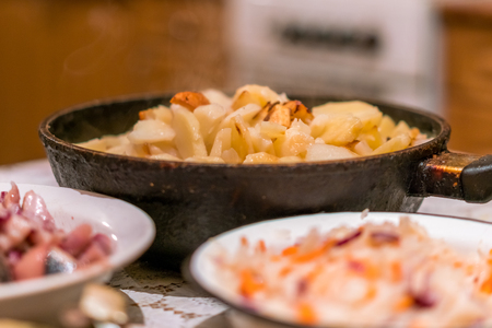 Country dinner with roast potatoes and coleslawの写真素材
