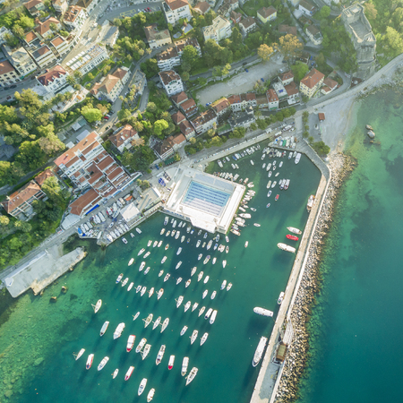 Beautiful top view of the city and the marinaの写真素材