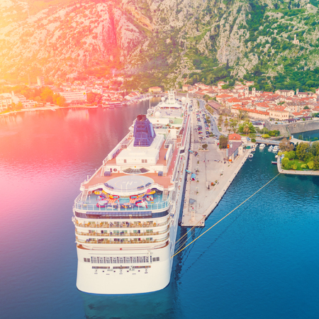 Great cruise ship at the port in sunlightの写真素材