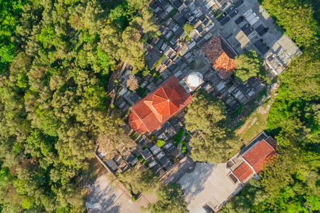 Top view of a church with a cemeteryの写真素材
