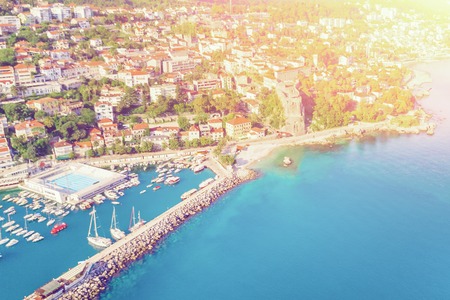 Top view of a beautiful European city and marina in the sunlight