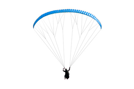 Blue paraglider in flight on a white background. Isolatedの写真素材