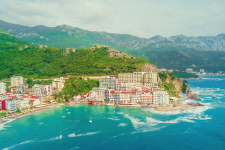 Top view of the old beautiful city on the seashoreの写真素材