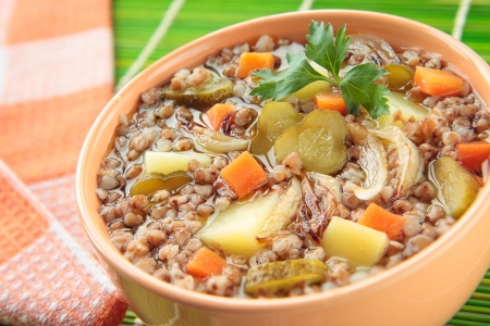 Soup with buckwheat, potatoes and pickled cucumbersの写真素材