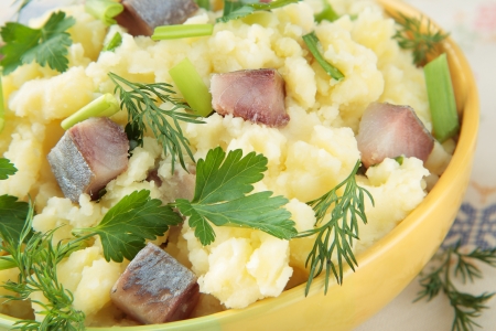 Mashed potatoes with pieces of herring, dill, parsley and chives in bowlの写真素材