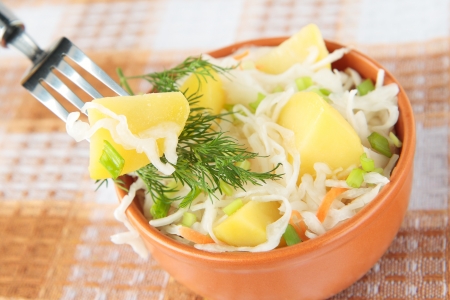 Potato salad with sauerkraut on a ruralの写真素材