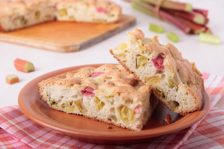 Two pieces of biscuit cake with rhubarb on a plateの写真素材