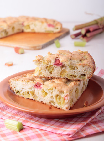 Two pieces of biscuit cake with rhubarb on a plateの写真素材