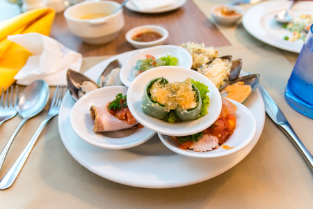 Seafood buffet in the restaurant of a hotel.の写真素材