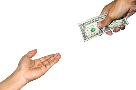 Moneys in hand isolated on white background.の写真素材