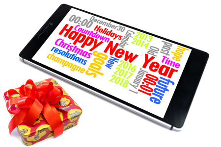 Happy new year words on smart phones.の写真素材
