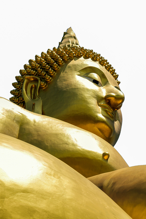 Golden Buddha statue isolated on white background.の写真素材