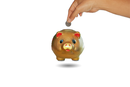 Woman's hand inserting coins into a piggy bank,concept for business finance background.の写真素材