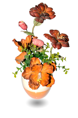 Vase plastic flowers isolated on white background.の写真素材
