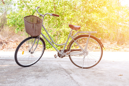 Beautiful vintage bicycle in the forest with colorful sunlight ; vintage filter style for greeting card and post card.の写真素材