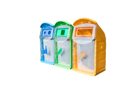 Colorful plastic bins for different waste types isolated on white background.の写真素材