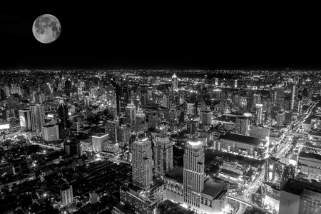 Top view of the colorful nightlife of Bangkok on the night of the full moon;black and white filter tone.の写真素材