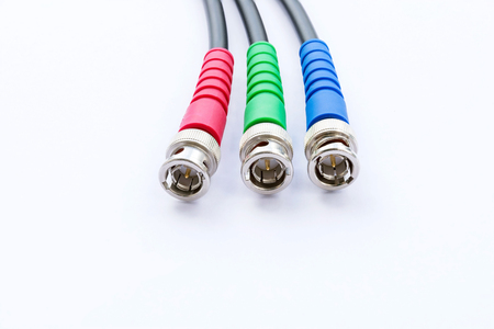 Closeup of BNC RGB color connector for video signal on white background.の写真素材