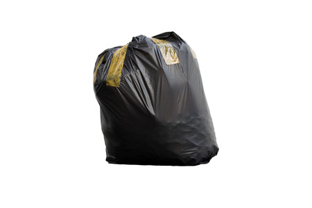 Black garbage bag put fully covered with adhesive tape isolated on white background.