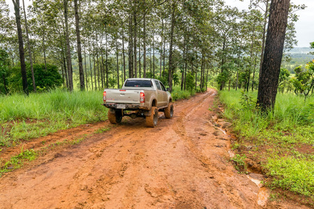 Phetchabun,Thailand-Aug 13,2016: Off road pickup truck was cruising in the forest on a mountain of Phetchabun province, Thailand.のeditorial素材
