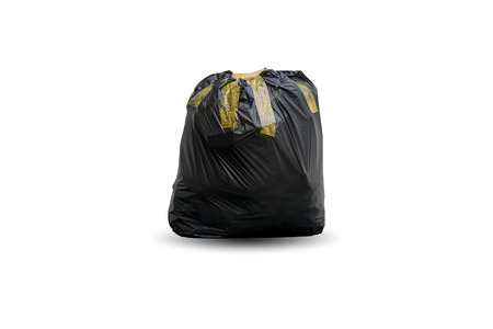 Black garbage bag put fully covered with adhesive tape isolated on white background.の写真素材