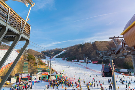 Soul,Korea-Jan 4,2016: Skier both Koreans and foreigners to come skiing at Vivaldi Park Ski Resort...