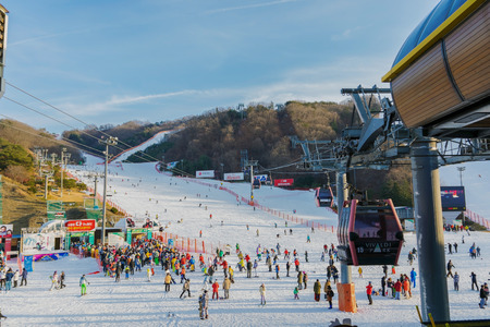 Soul,Korea-Jan 4,2016: Skier both Koreans and foreigners to come skiing at Vivaldi Park Ski Resort is the Ski area, the hotel and the famous resort of Korea on vacation in the winter every year.のeditorial素材
